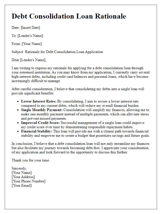 Letter template of debt consolidation loan rationale