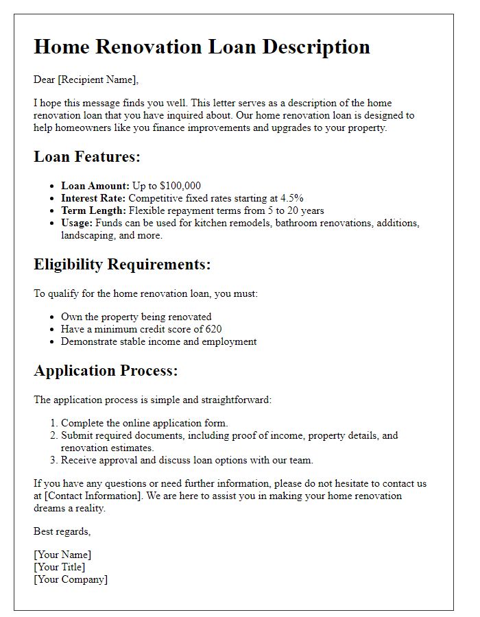 Letter template of home renovation loan description