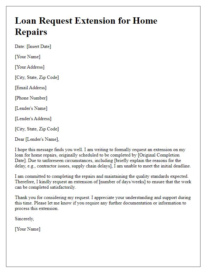 Letter template of loan request extension for home repairs.