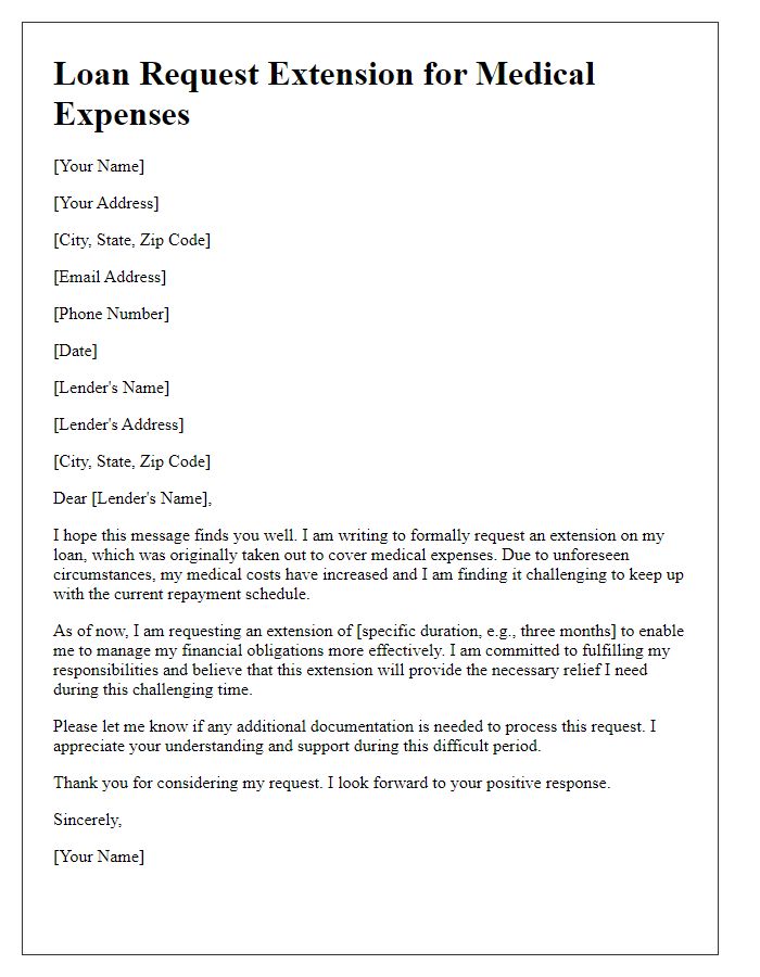 Letter template of loan request extension for medical expenses.