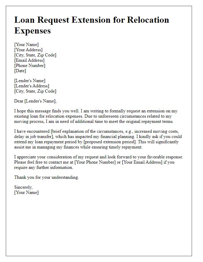 Letter template of loan request extension for relocation expenses.