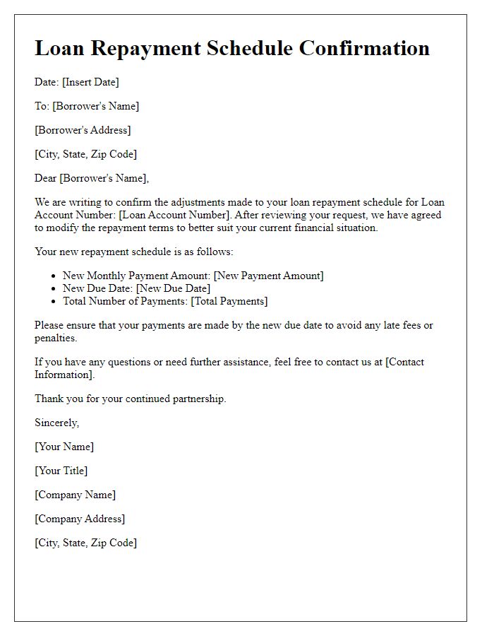 Letter template of confirmation for adjusted loan repayment schedule