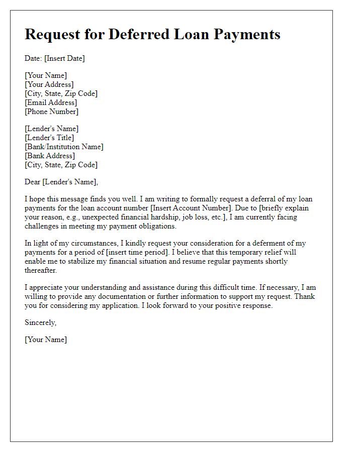 Letter template of formal request for deferred loan payments