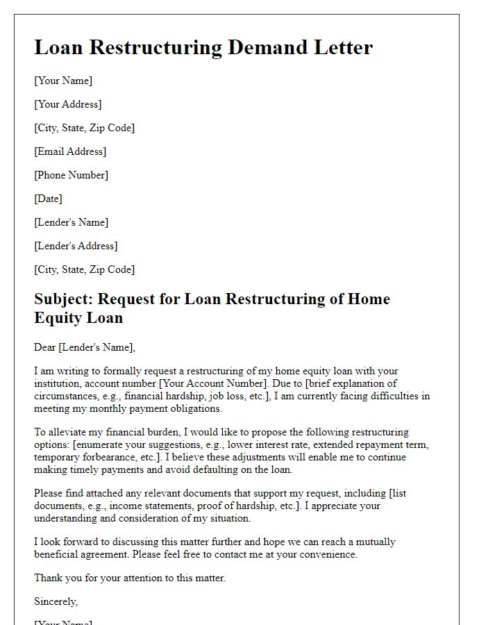 Letter template of loan restructuring demand for home equity loans.