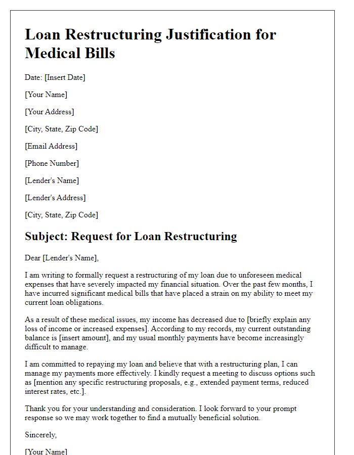 Letter template of loan restructuring justification for medical bills.