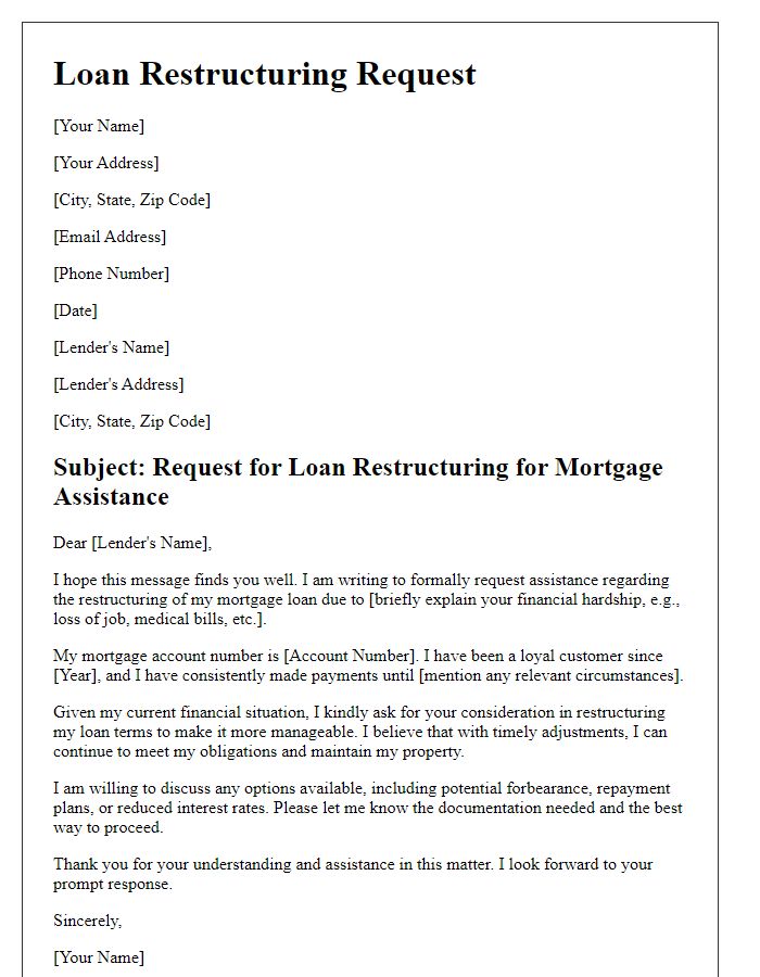 Letter template of loan restructuring request for mortgage assistance.