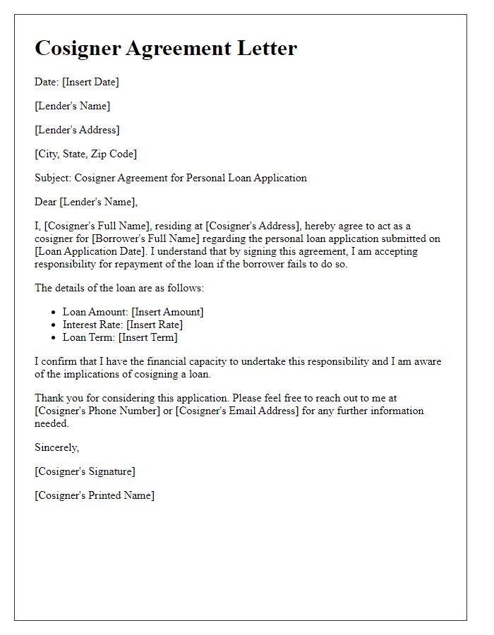 Letter template of cosigner agreement for personal loan application