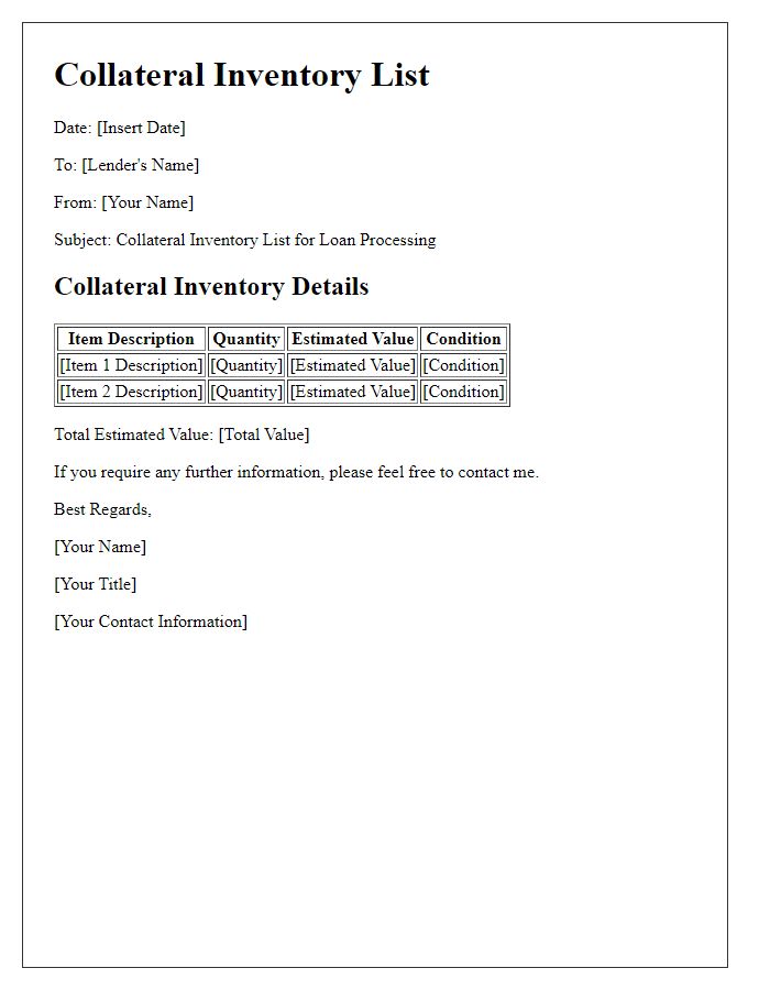 Letter template of collateral inventory list for loan processing.