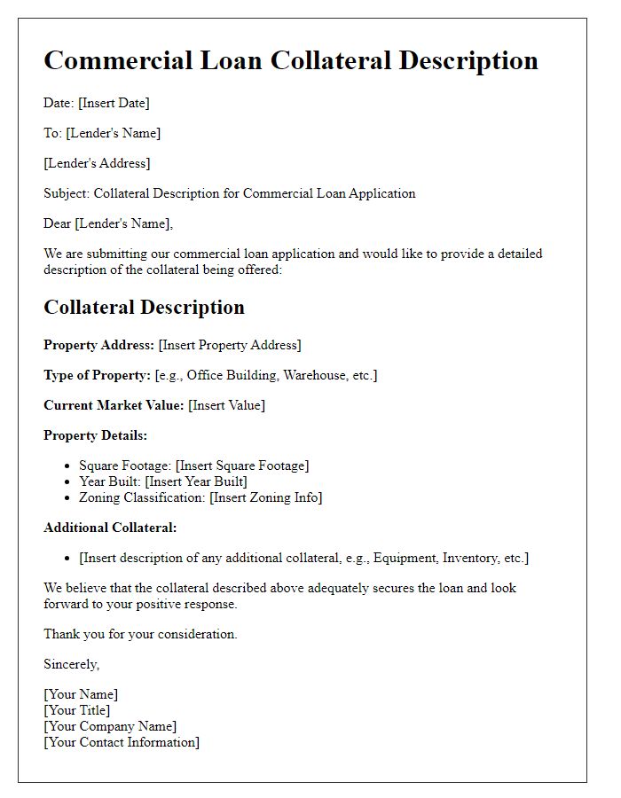 Letter template of commercial loan collateral description.