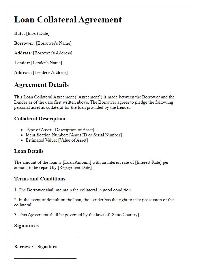 Letter template of loan collateral agreement for personal assets.