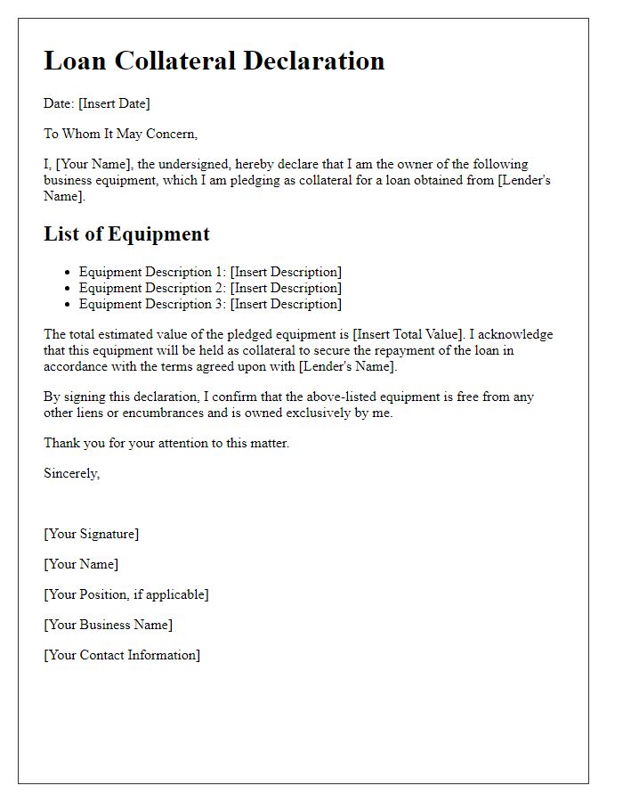 Letter template of loan collateral declaration for business equipment.