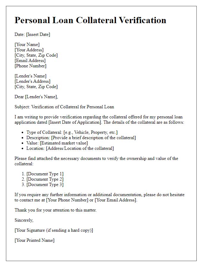 Letter template of personal loan collateral verification letter.