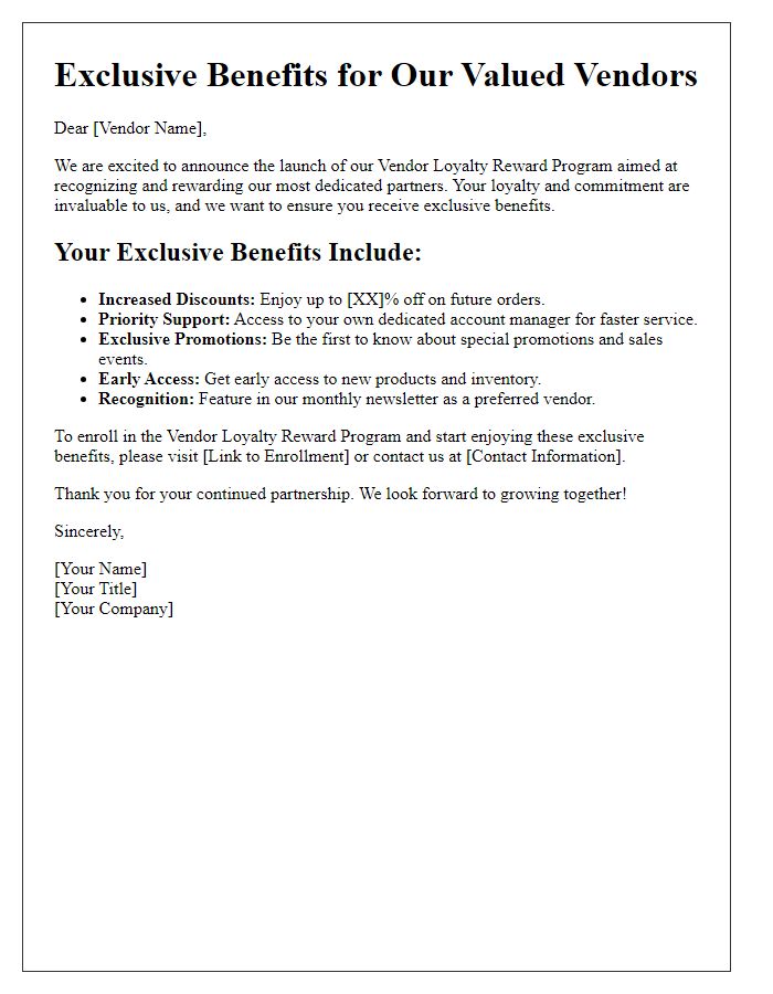 Letter template of Exclusive Benefits for Vendor Loyalty Reward Program