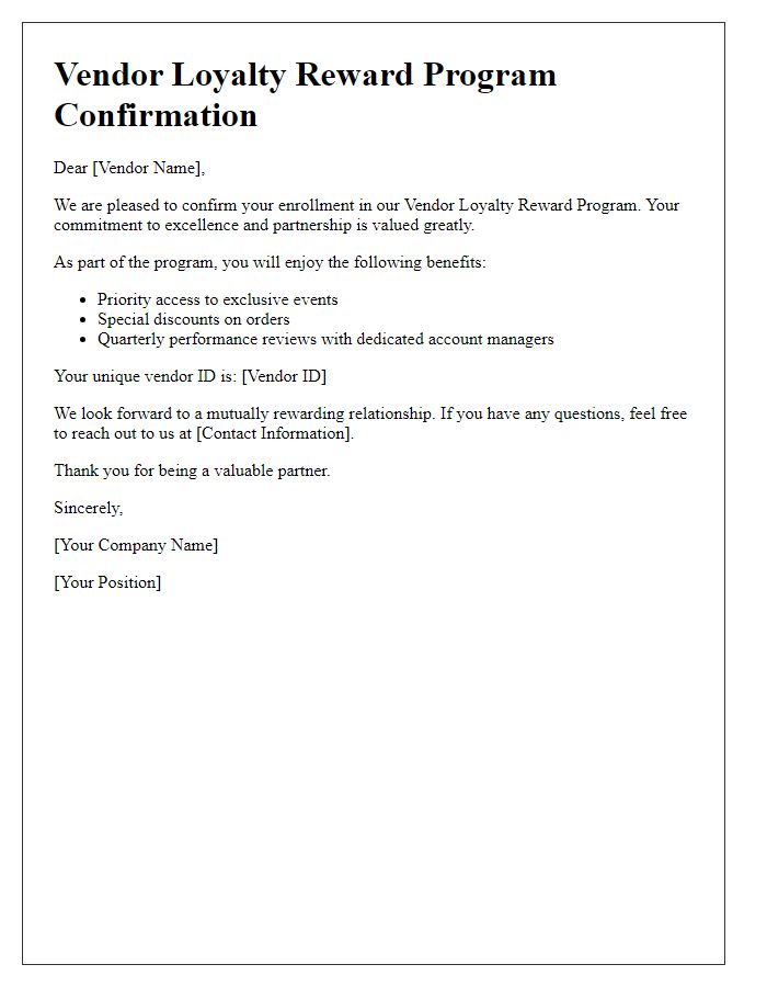 Letter template of Vendor Loyalty Reward Program Confirmation