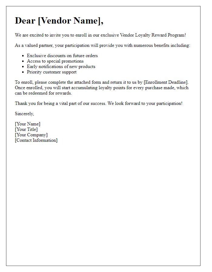 Letter template of Vendor Loyalty Reward Program Enrollment