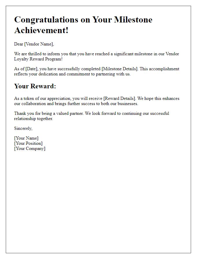 Letter template of Vendor Loyalty Reward Program Milestone Achievement