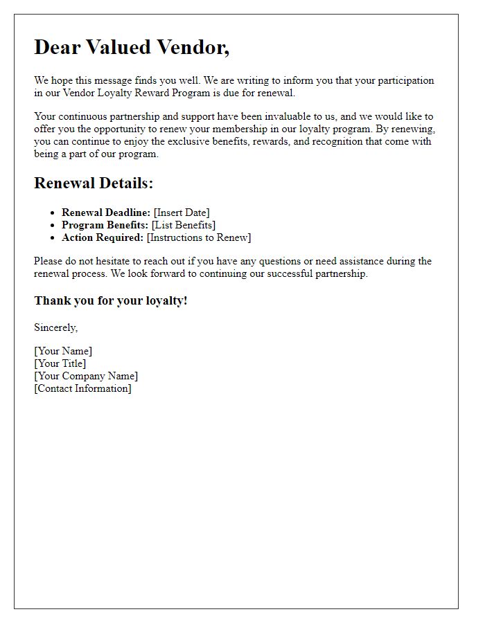 Letter template of Vendor Loyalty Reward Program Renewal Notice