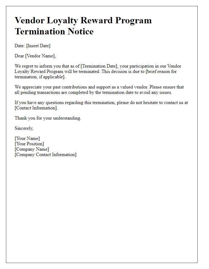 Letter template of Vendor Loyalty Reward Program Termination Notice