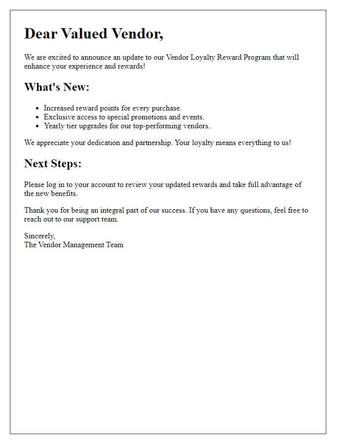 Letter template of Vendor Loyalty Reward Program Update