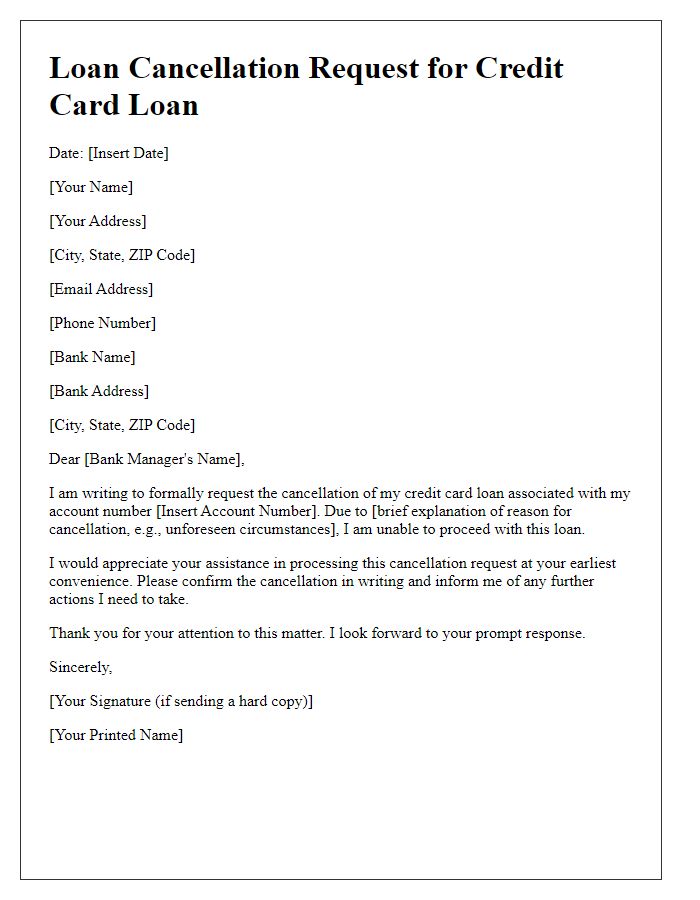 Letter template of Loan Cancellation Request for Credit Card Loan