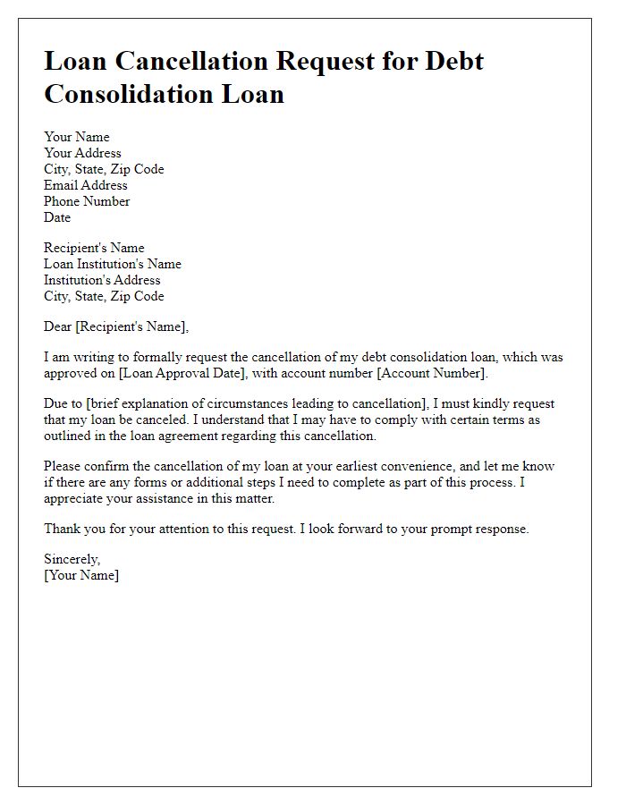 Letter template of Loan Cancellation Request for Debt Consolidation Loan