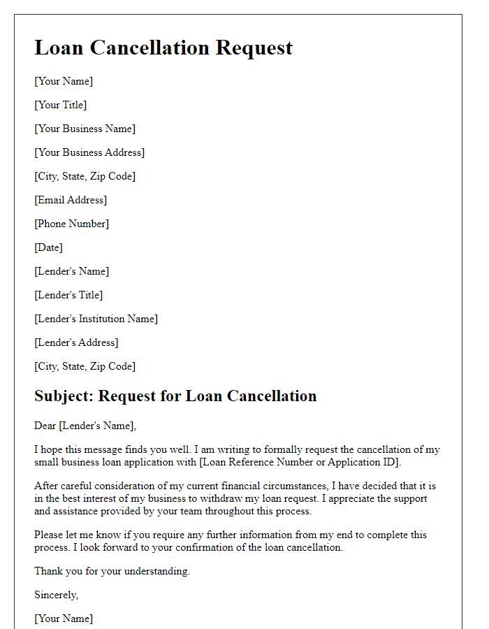 Letter template of Loan Cancellation Request for Small Business Loan