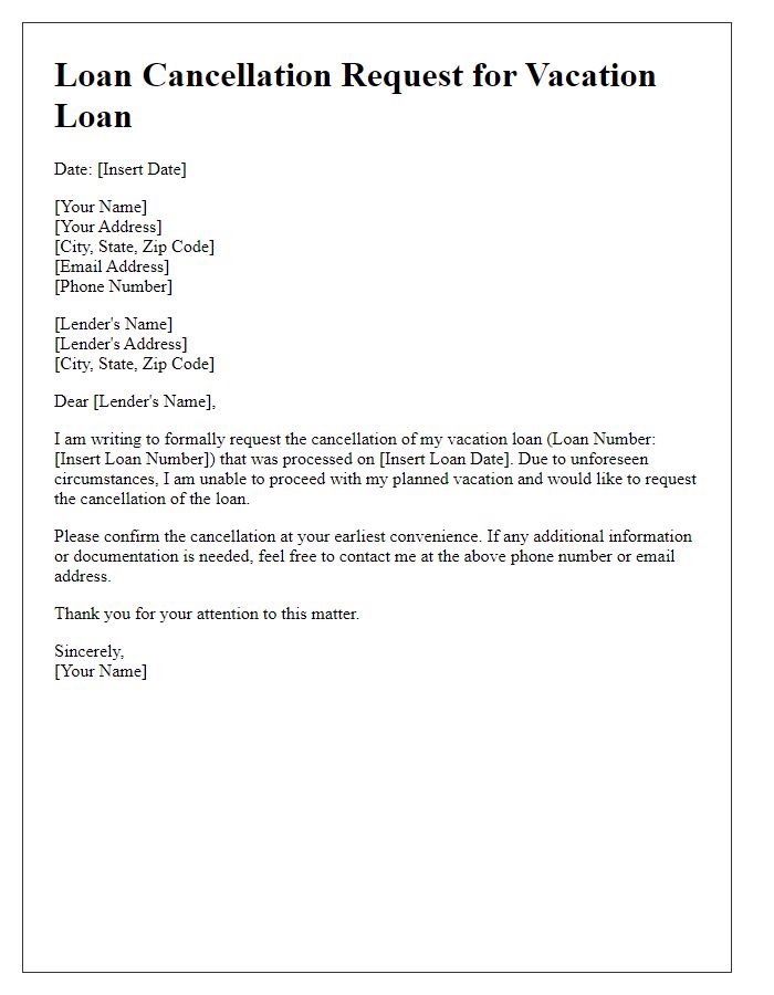 Letter template of Loan Cancellation Request for Vacation Loan