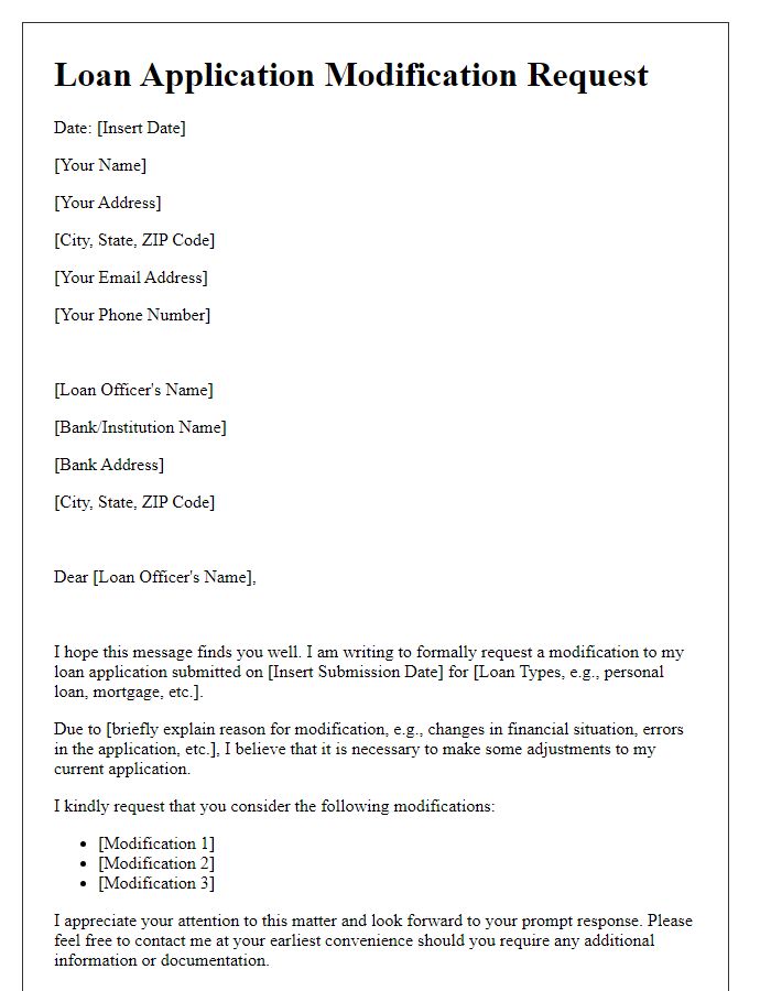 Letter template of loan application modification request