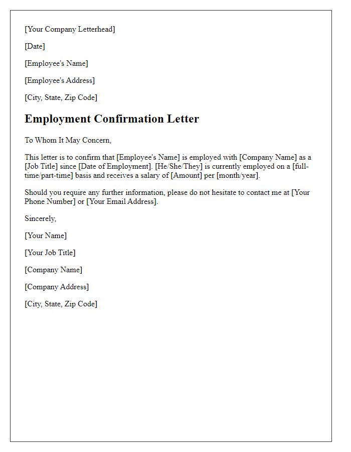 Letter template of employment confirmation letter for bank loan.