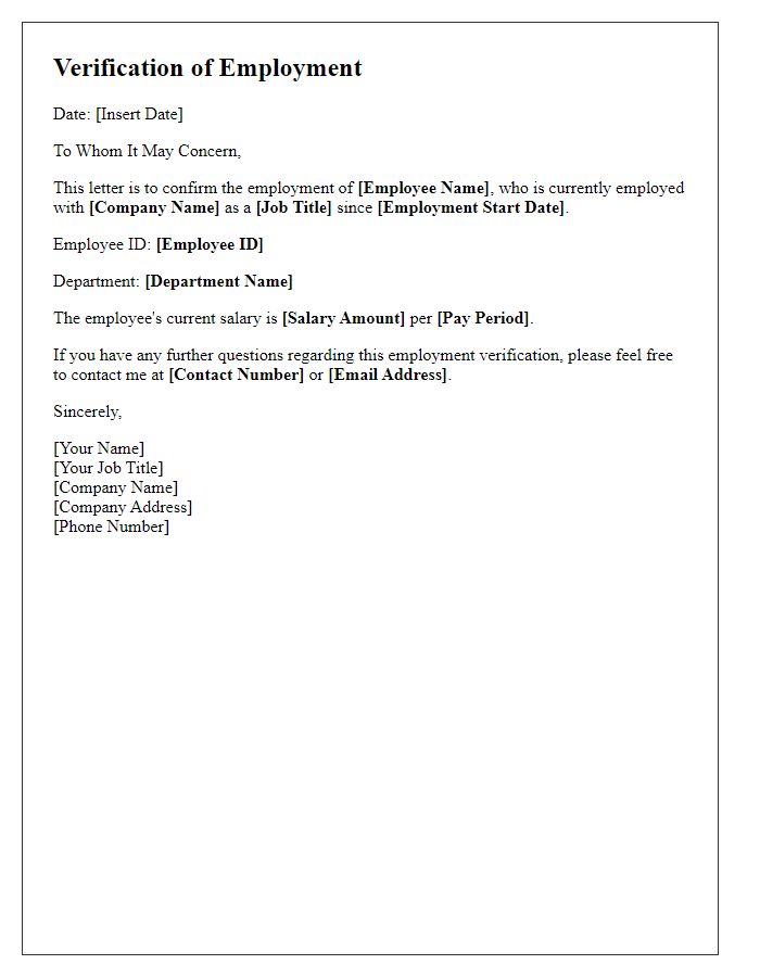 Letter template of verification of employment for auto loan processing.