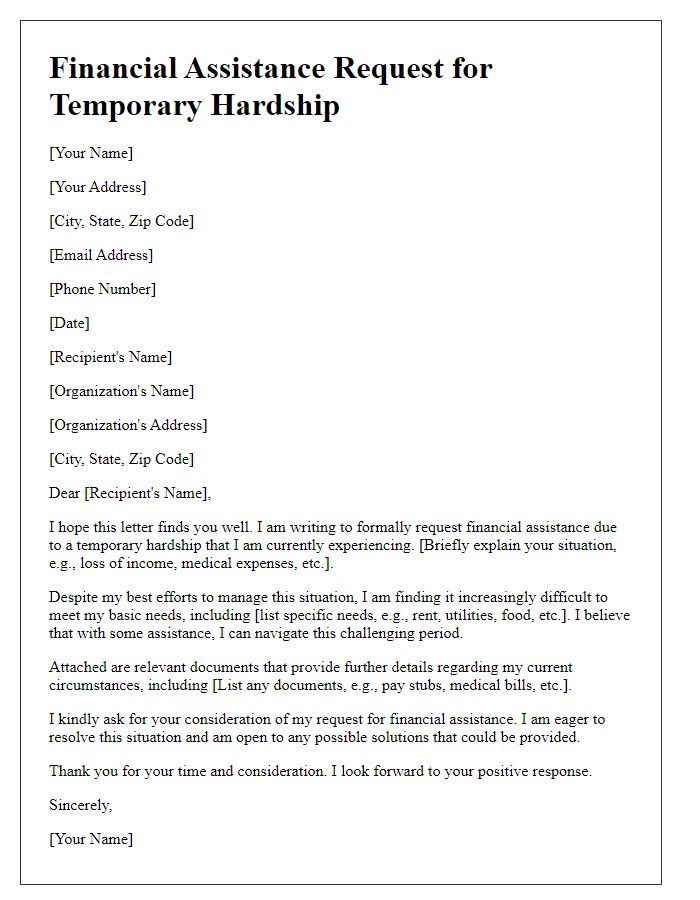 Letter template of financial assistance request for temporary hardship