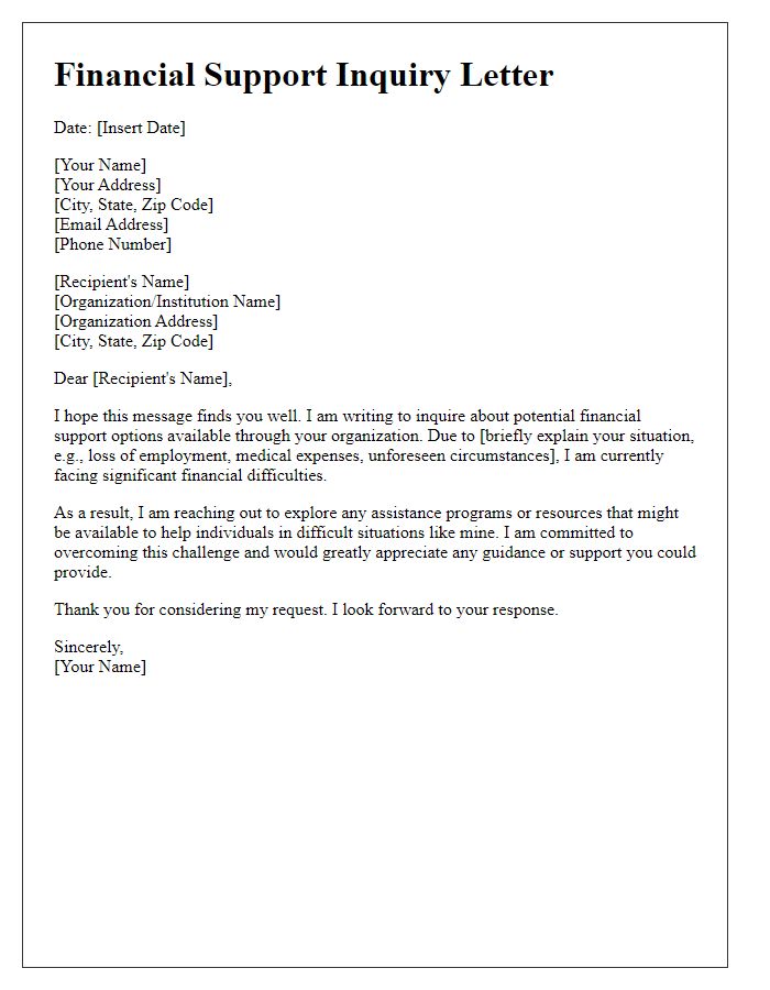 Letter template of financial support inquiry for difficult times