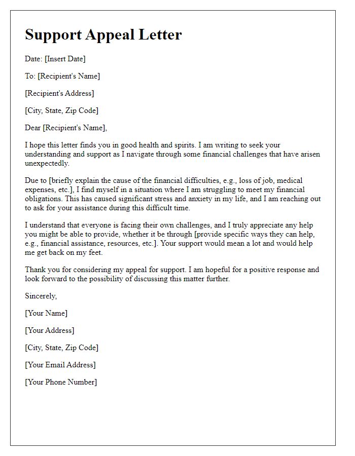 Letter template of support appeal during financial challenges