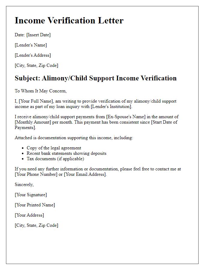 Letter template of alimony or child support income verification for loan inquiry