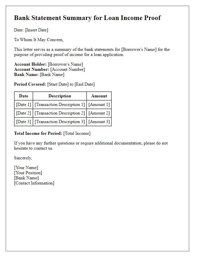 Letter template of bank statements summary for loan income proof