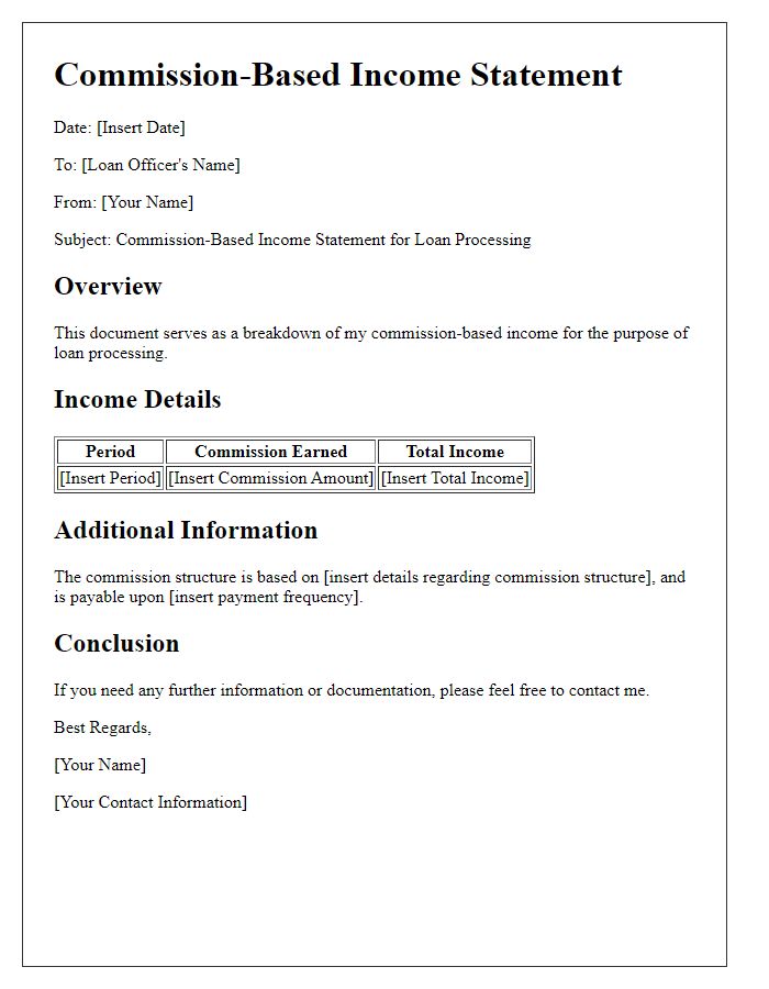 Letter template of commission-based income statement for loan processing