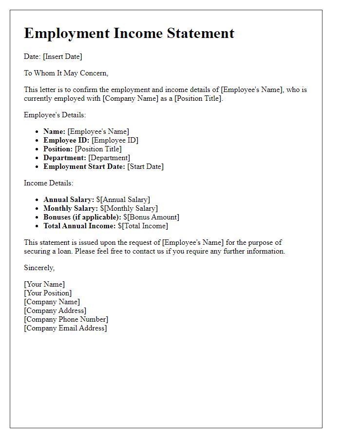 Letter template of employment income statement for loan approval