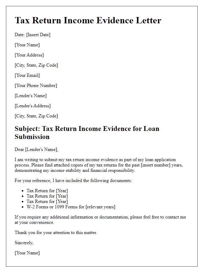 Letter template of tax return income evidence for loan submission