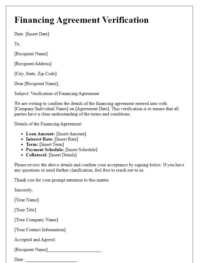 Letter template of financing agreement verification