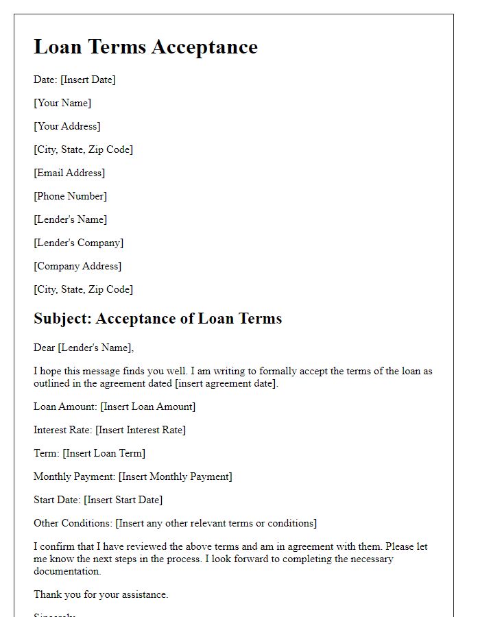 Letter template of loan terms acceptance