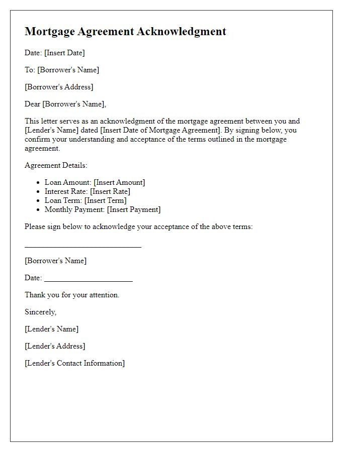 Letter template of mortgage agreement acknowledgment