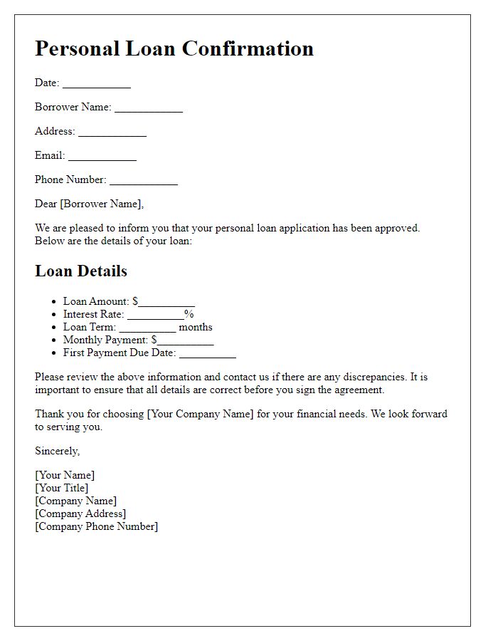 Letter template of personal loan confirmation