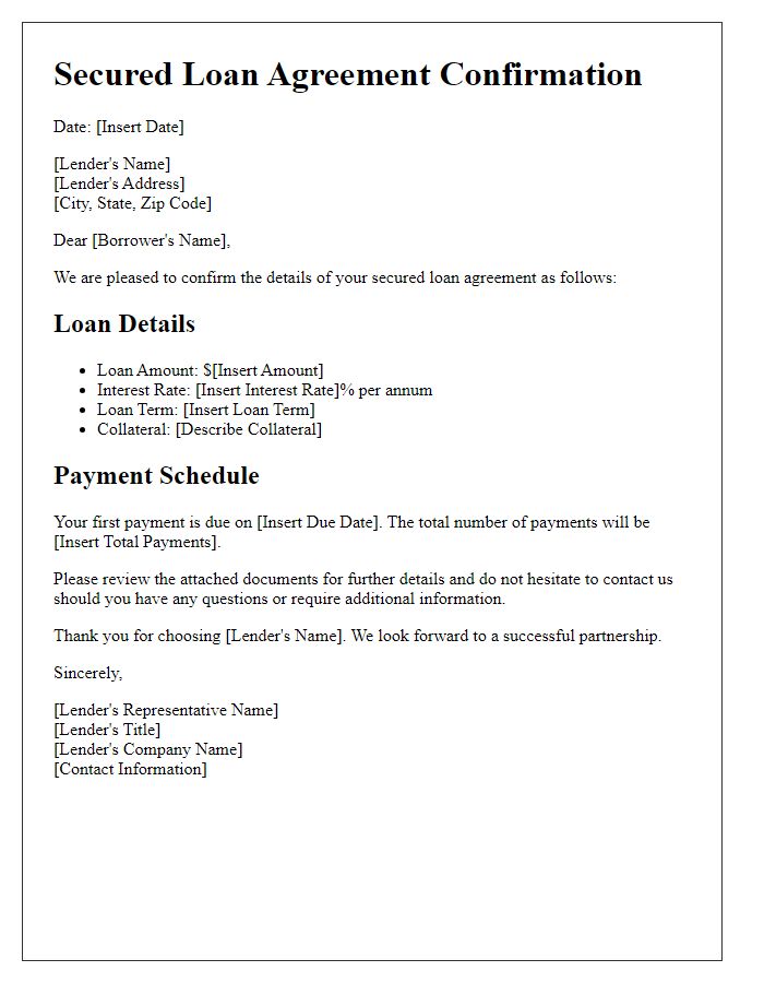 Letter template of secured loan agreement confirmation