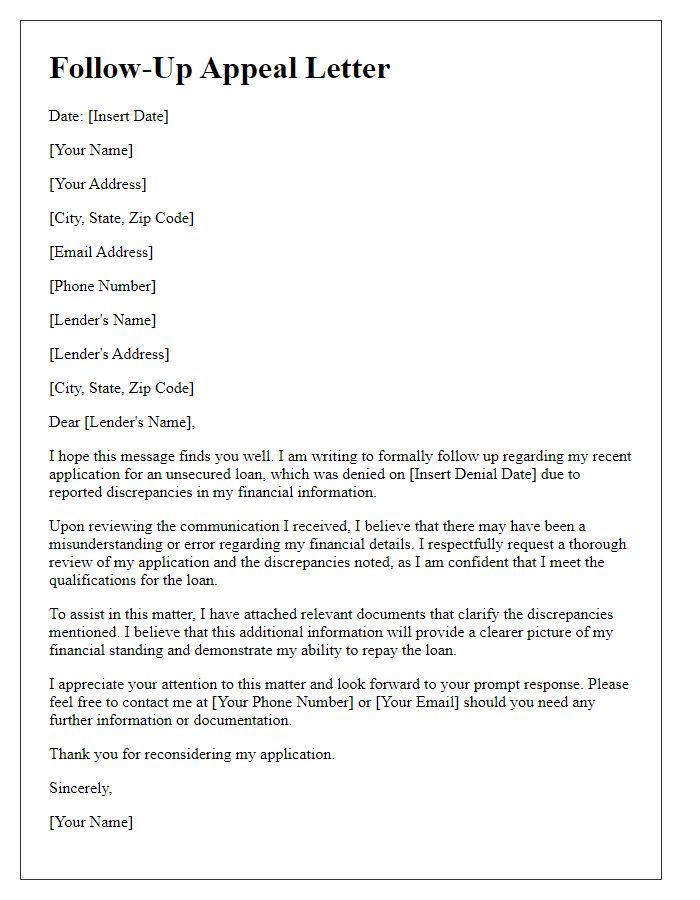 Letter template of follow-up appeal for denied unsecured loan based on discrepancies.