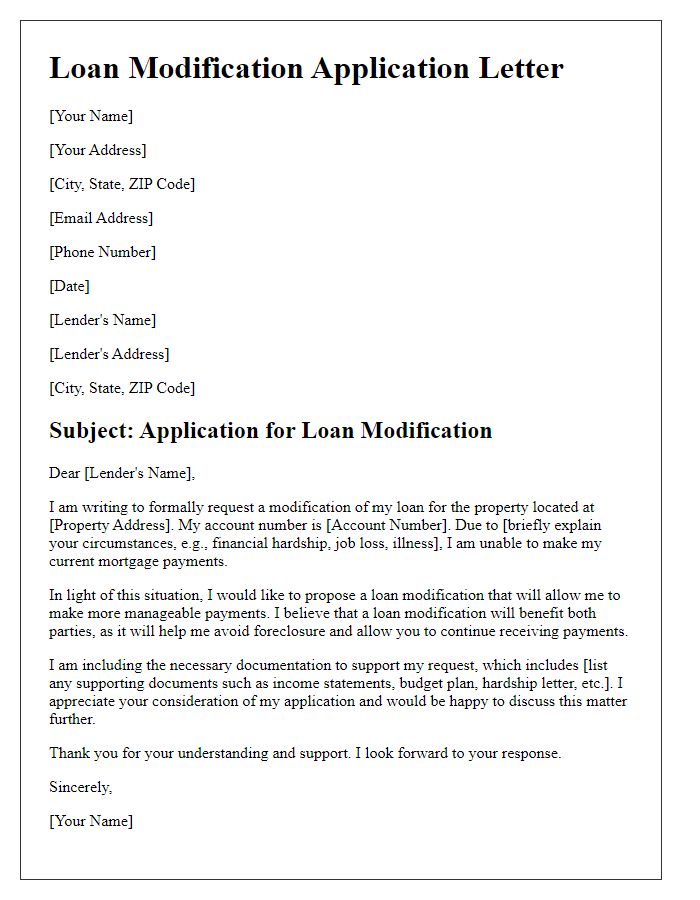 Letter template of application for loan modification