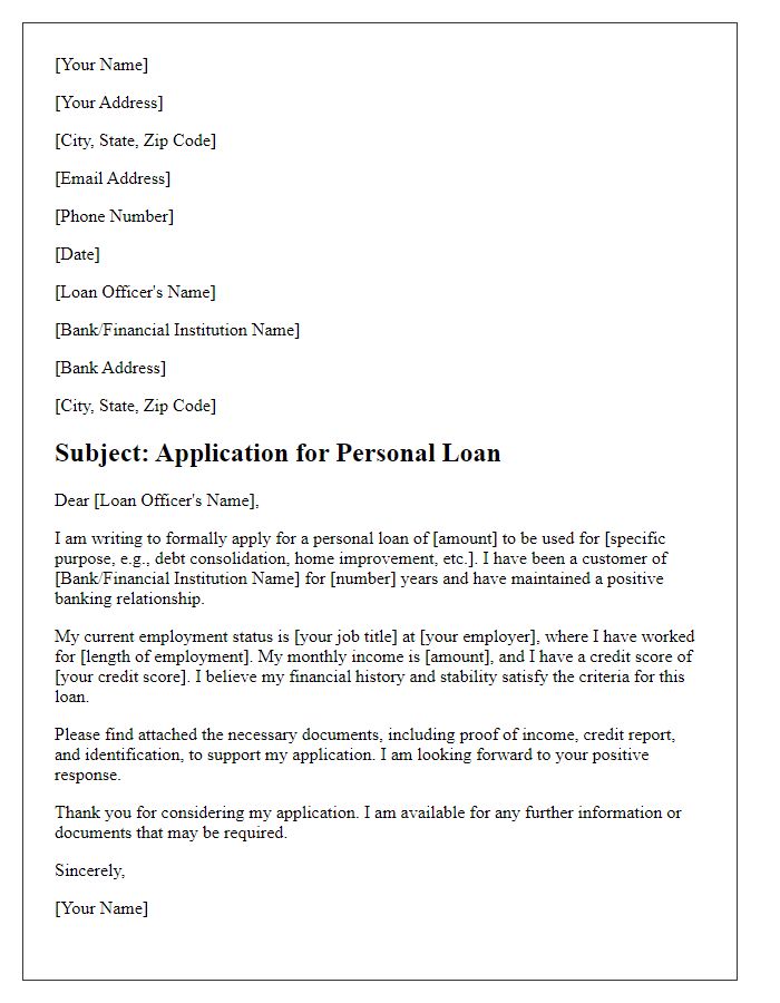 Letter template of application for a personal loan