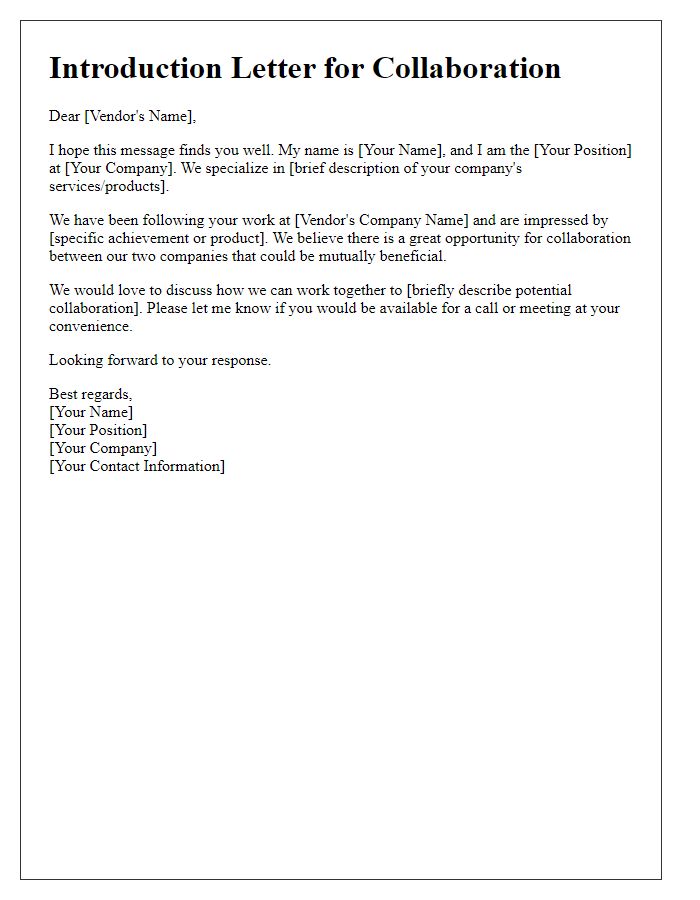 Letter template of personalized vendor introduction for collaboration.