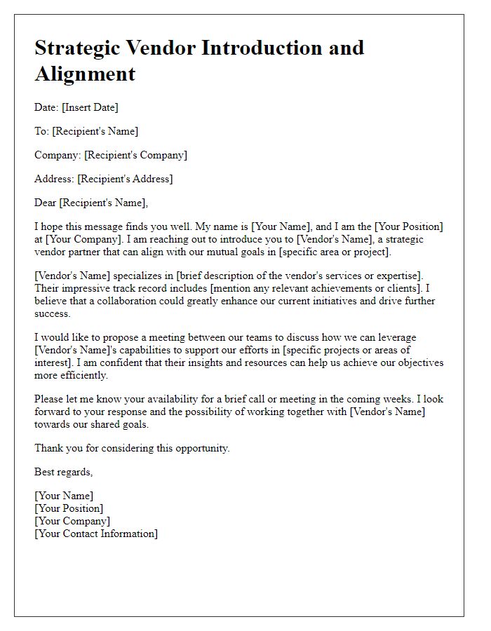 Letter template of strategic vendor introduction and alignment.