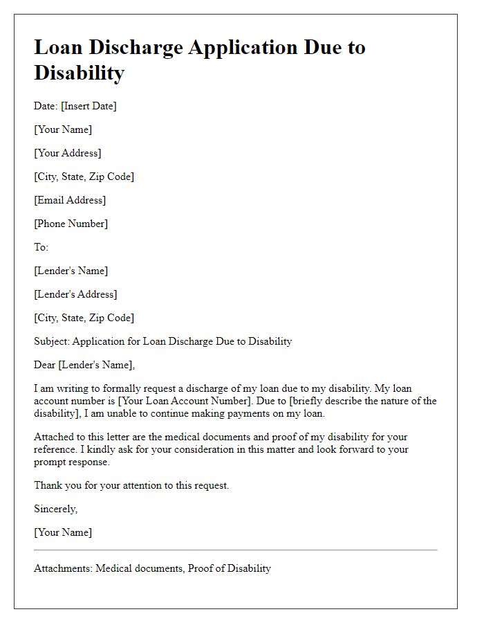 Letter template of loan discharge application due to disability.