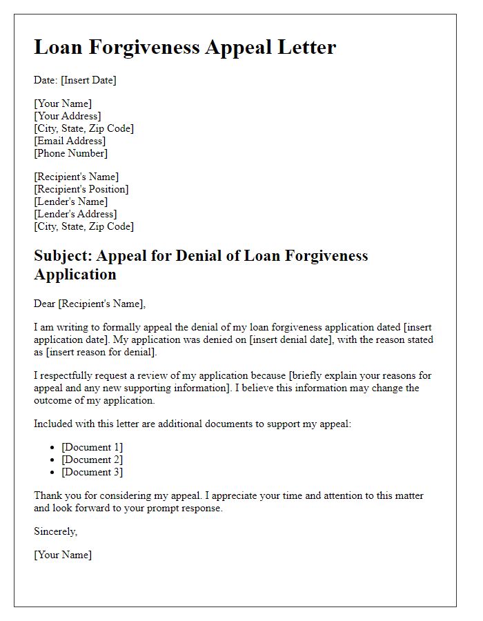 Letter template of loan forgiveness appeal for denied applications.